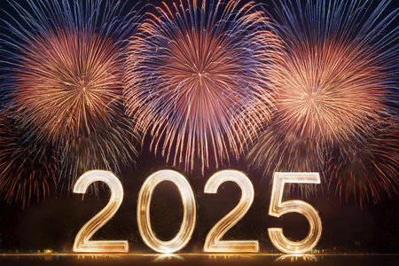 2025. Fireworks. Happy New Year 2025. Fireworks with the text 2025. Banner, background, postcard for...