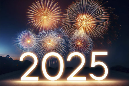 2025. Fireworks. Happy New Year 2025. Fireworks with the text 2025. Banner, background, postcard for...