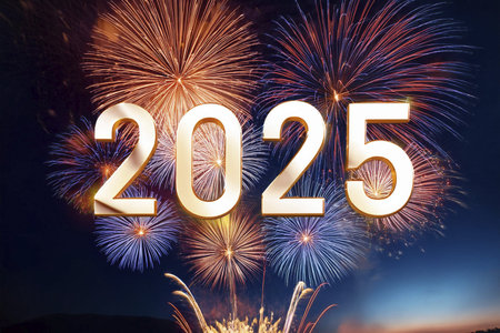 2025. Fireworks. Happy New Year 2025. Fireworks with the text 2025. Banner, background, postcard for...