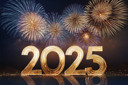 2025. Fireworks. Happy New Year 2025. Fireworks with the text 2025. Banner, background, postcard for...