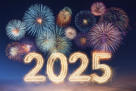 2025. Fireworks. Happy New Year 2025. Fireworks with the text "2025". Banner, background, postcard for congratulating the new year.の写真素材
