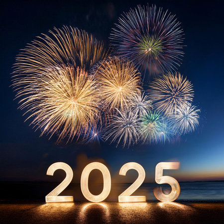 2025. Fireworks. Happy New Year 2025. Fireworks with the text 2025. Banner, background, postcard for...