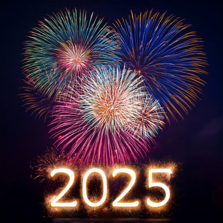 2025. Fireworks. Happy New Year 2025. Fireworks with the text "2025". Banner, background, postcard for congratulating the new year.の写真素材