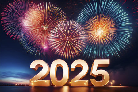 2025. Fireworks. Happy New Year 2025. Fireworks with the text 2025. Banner, background, postcard for...
