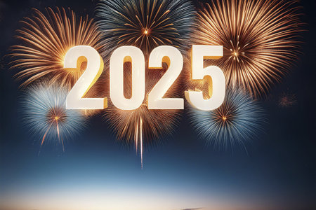 2025. Fireworks. Happy New Year 2025. Fireworks with the text "2025". Banner, background, postcard for congratulating the new year.の写真素材