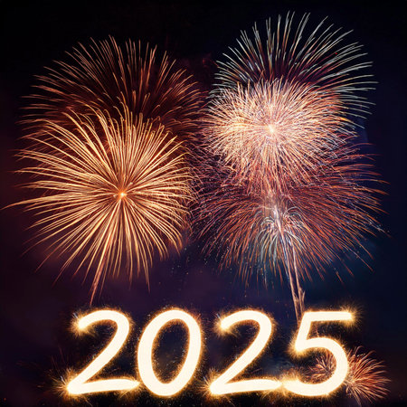2025. Fireworks. Happy New Year 2025. Fireworks with the text "2025". Banner, background, postcard for congratulating the new year.の写真素材