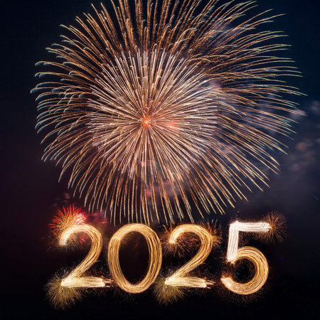 2025. Fireworks. Happy New Year 2025. Fireworks with the text 2025. Banner, background, postcard for...