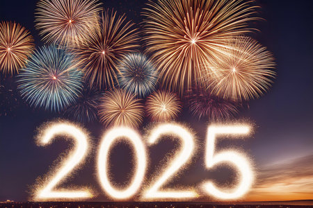 2025. Fireworks. Happy New Year 2025. Fireworks with the text "2025". Banner, background, postcard for congratulating the new year.の写真素材