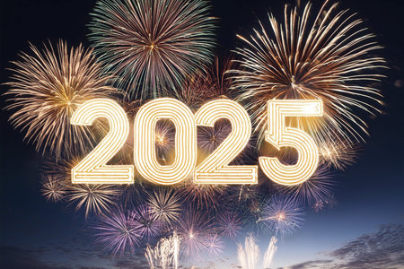 2025. Fireworks. Happy New Year 2025. Fireworks with the text 2025. Banner, background, postcard for...