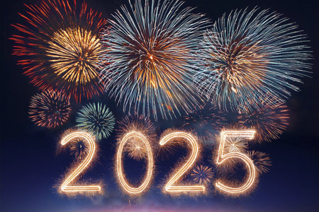 2025. Fireworks. Happy New Year 2025. Fireworks with the text "2025". Banner, background, postcard for congratulating the new year.の写真素材