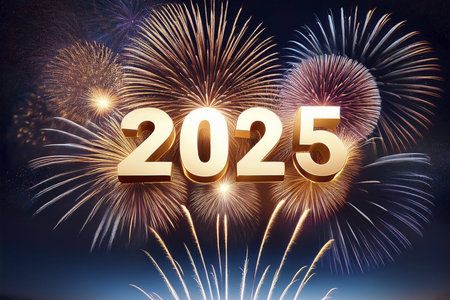 2025. Fireworks. Happy New Year 2025. Fireworks with the text 2025. Banner, background, postcard for...