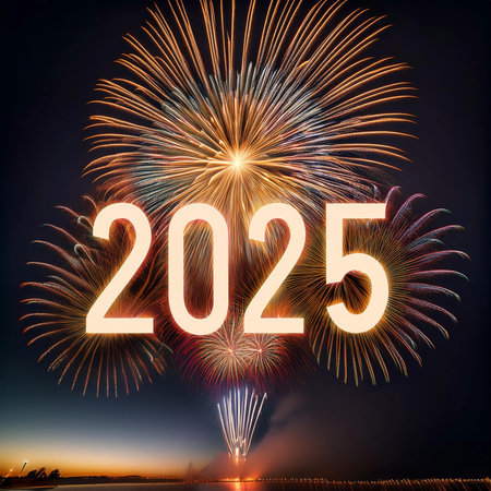 2025. Fireworks. Happy New Year 2025. Fireworks with the text 2025. Banner, background, postcard for...