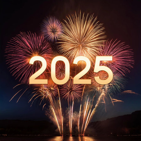 2025. Fireworks. Happy New Year 2025. Fireworks with the text "2025". Banner, background, postcard for congratulating the new year.の写真素材