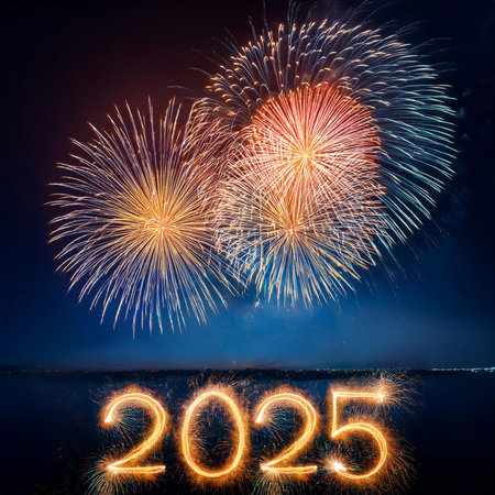 2025. Fireworks. Happy New Year 2025. Fireworks with the text "2025". Banner, background, postcard for congratulating the new year.の写真素材