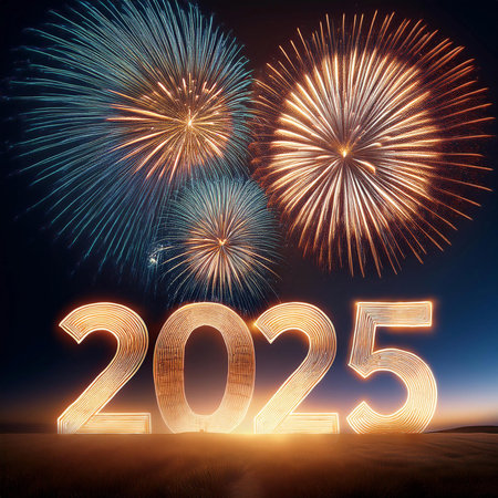 2025. Fireworks. Happy New Year 2025. Fireworks with the text 2025. Banner, background, postcard for...
