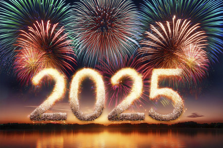 2025. Fireworks. Happy New Year 2025. Fireworks with the text 2025. Banner, background, postcard for...