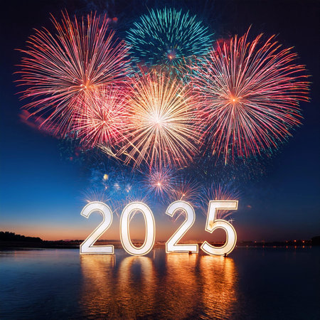 2025. Fireworks. Happy New Year 2025. Fireworks with the text 2025. Banner, background, postcard for...