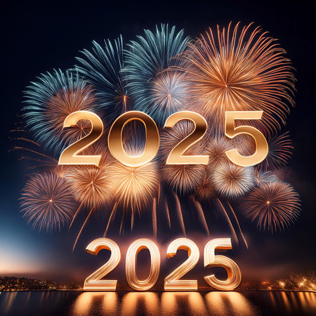 2025. Fireworks. Happy New Year 2025. Fireworks with the text 2025. Banner, background, postcard for...
