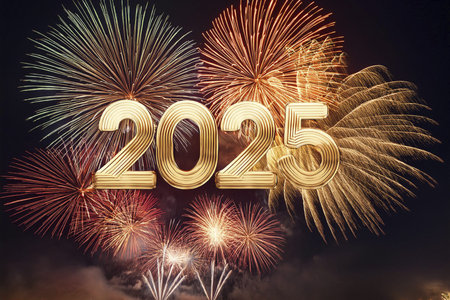 2025. Fireworks. Happy New Year 2025. Fireworks with the text 2025. Banner, background, postcard for...