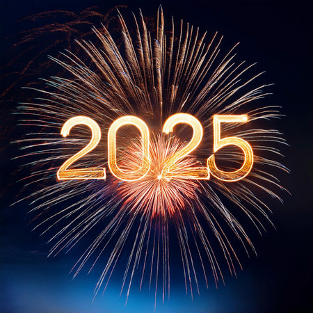 2025. Fireworks. Happy New Year 2025. Fireworks with the text "2025". Banner, background, postcard for congratulating the new year.の写真素材