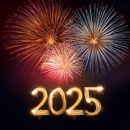 2025. Fireworks. Happy New Year 2025. Fireworks with the text 2025. Banner, background, postcard for...