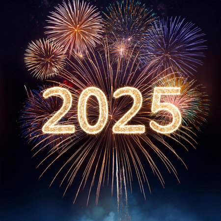 2025. Fireworks. Happy New Year 2025. Fireworks with the text "2025". Banner, background, postcard for congratulating the new year.の写真素材