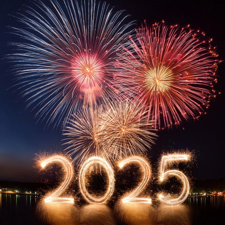 2025. Fireworks. Happy New Year 2025. Fireworks with the text "2025". Banner, background, postcard for congratulating the new year.の写真素材