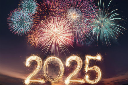 2025. Fireworks. Happy New Year 2025. Fireworks with the text "2025". Banner, background, postcard for congratulating the new year.の写真素材