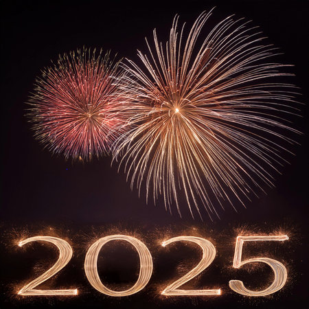2025. Fireworks. Happy New Year 2025. Fireworks with the text "2025". Banner, background, postcard for congratulating the new year.の写真素材