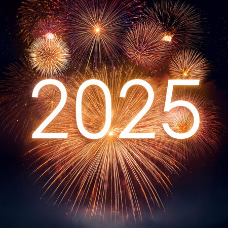 2025. Fireworks. Happy New Year 2025. Fireworks with the text 2025. Banner, background, postcard for...