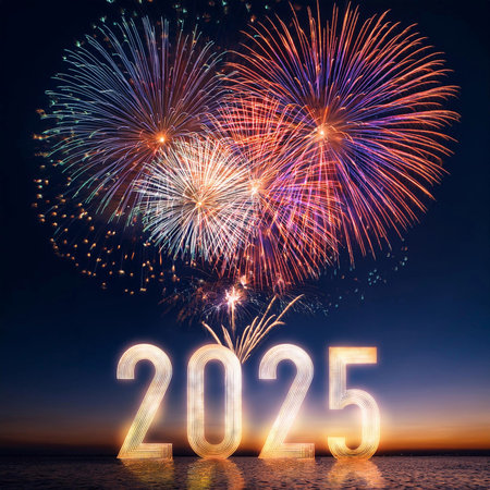 2025. Fireworks. Happy New Year 2025. Fireworks with the text 2025. Banner, background, postcard for...