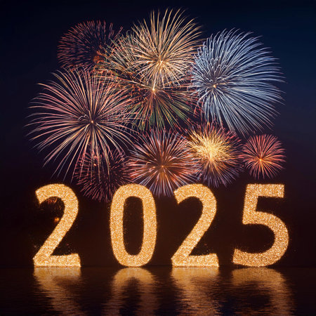 2025. Fireworks. Happy New Year 2025. Fireworks with the text 2025. Banner, background, postcard for...