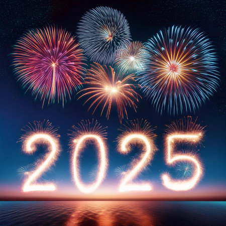 2025. Fireworks. Happy New Year 2025. Fireworks with the text 2025. Banner, background, postcard for...