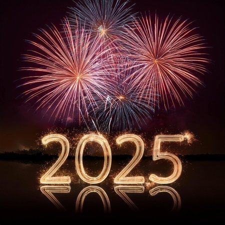 2025. Fireworks. Happy New Year 2025. Fireworks with the text 2025. Banner, background, postcard for...