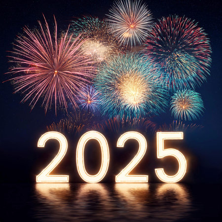 2025. Fireworks. Happy New Year 2025. Fireworks with the text 2025. Banner, background, postcard for...