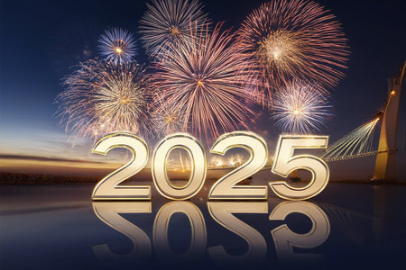 2025. Fireworks. Happy New Year 2025. Fireworks with the text 2025. Banner, background, postcard for...