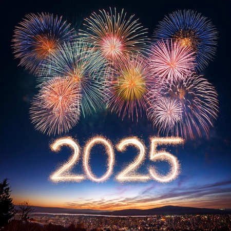 2025. Fireworks. Happy New Year 2025. Fireworks with the text "2025". Banner, background, postcard for congratulating the new year.の写真素材