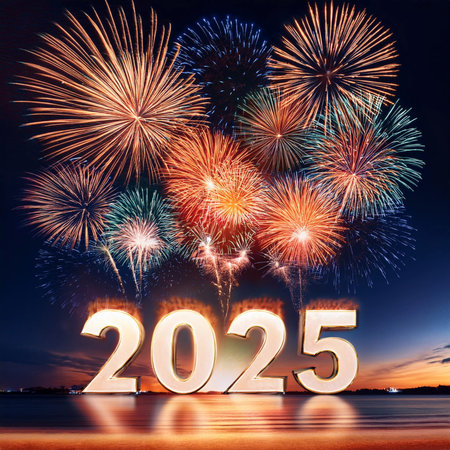 2025. Fireworks. Happy New Year 2025. Fireworks with the text 2025. Banner, background, postcard for...