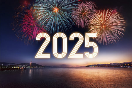 2025. Fireworks. Happy New Year 2025. Fireworks with the text 2025. Banner, background, postcard for...