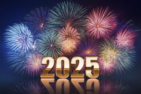 2025. Fireworks. Happy New Year 2025. Fireworks with the text 2025. Banner, background, postcard for...