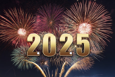 2025. Fireworks. Happy New Year 2025. Fireworks with the text 2025. Banner, background, postcard for...