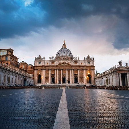 Jubilee. 2025. St. Peter's Basilica in the Vatican. St. Peter's Basilica in St. Peter's Square in the Vatican at dusk, central Rome, Italy. Jubilee Year 2025.の写真素材