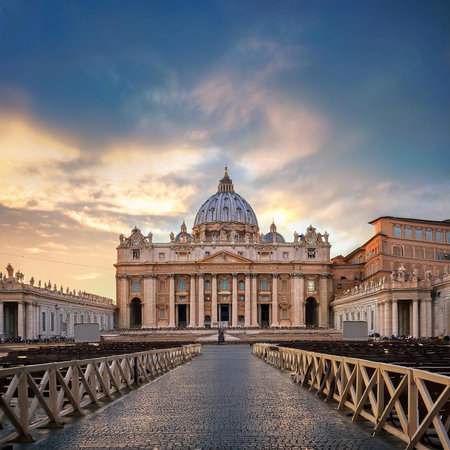 Jubilee. 2025. St. Peter's Basilica in the Vatican. St. Peter's Basilica in St. Peter's Square in the Vatican at dusk, central Rome, Italy. Jubilee Year 2025.の写真素材