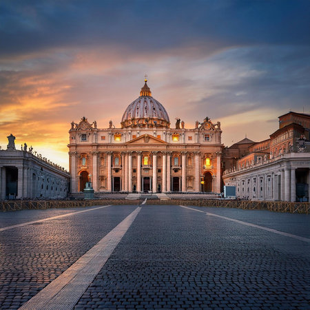 Jubilee. 2025. St. Peter's Basilica in the Vatican. St. Peter's Basilica in St. Peter's Square in the Vatican at dusk, central Rome, Italy. Jubilee Year 2025.の写真素材