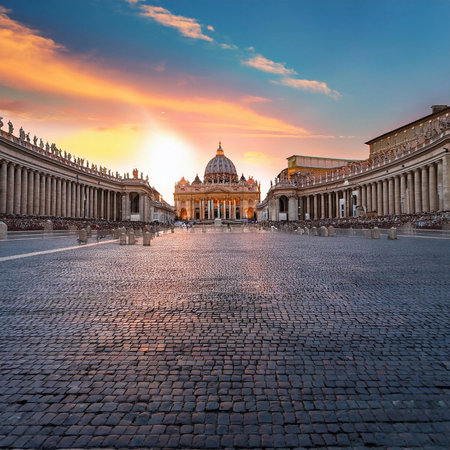 Jubilee. 2025. St. Peter's Basilica in the Vatican. St. Peter's Basilica in St. Peter's Square in the Vatican at dusk, central Rome, Italy. Jubilee Year 2025.の写真素材
