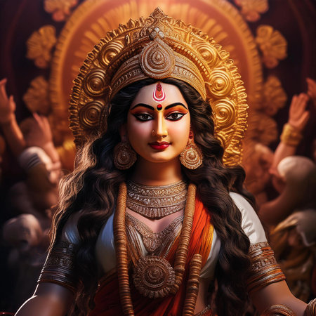 Goddess Durga. Lord Hanuman. Happy Dussehra creative poster. Lord Vishnu