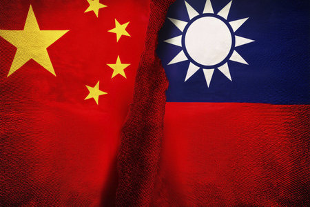 Chinese flag and Taiwan flag depicted together, illustrating the political tension between the two regions.の写真素材