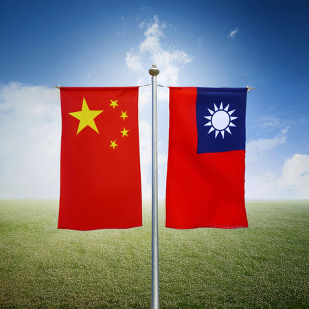 Chinese flag and Taiwan flag displayed side by side.の写真素材