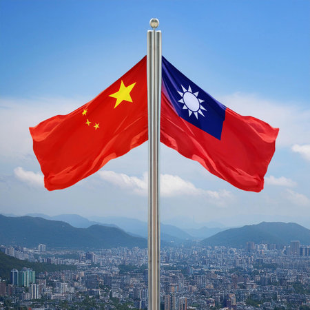 China VS Taiwan. Chinese flag. Taiwan flag. Joint flags due to the party confrontation that both have. Football game. Conflict between both countries that could escalate into war.の写真素材