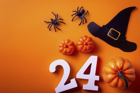 Halloween. halloween pumpkin Orange background. Orange background for Halloween design. Text 2024. Halloween pumpkin on wooden background. 3d render. halloween conceptの写真素材
